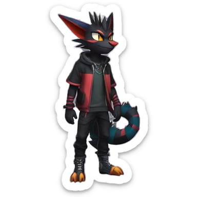 Cool Anthro Black Noivern-Nargacuga-Litten-Pokémon with edgy stripes hoodie spiked collar punk Full Body sticker