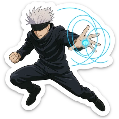 Gojo with his signature blindfold, using infinity technique, dynamic action pose, anime style sticker