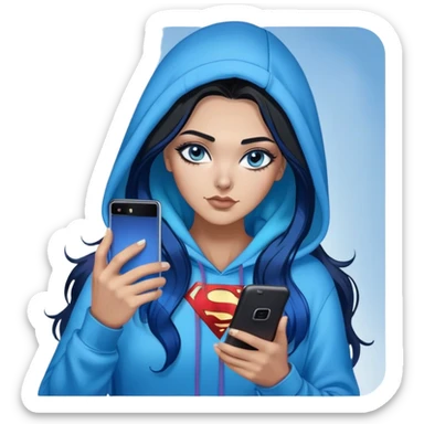 Female-Very tall-very very very large chest-texting on a samsung cell phone-very long straight black to sky blue hair ombre-blue eyes-black eyeliner-long eyelashes-hoodie with glitter superman logo-leggings-lippierced sticker