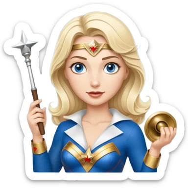 Blonde blue eyes Wonder Woman holding bell and short white orchestra conductor’s baton  sticker