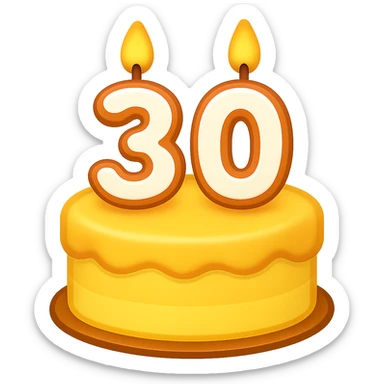 Convert this simple, clean birthday cake with a candle shaped as the number 30 into an emoji style. Keep the candle shape clear and maintain a transparent background. The style should resemble classic emoji aesthetics with bold colors and simple shapes. sticker