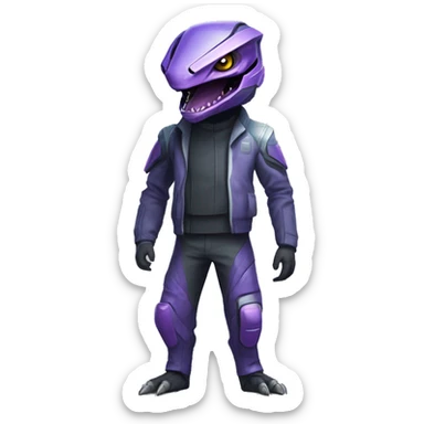 a Reptile-Raptor-Genesect-Fakémon with a futuristic visor-helmet and wearing a techwear-suit Full Body sticker