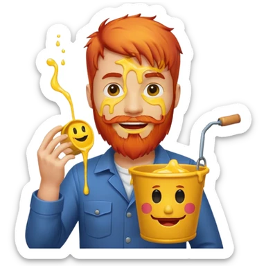 Man with red beard carrying bucket of melting smiley face sticker