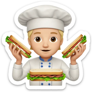 A 3D cartoon chef assembling a fresh sandwich with lettuce and meat, clean kitchen background, Memoji-style. sticker