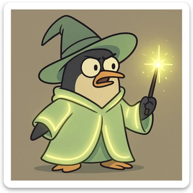 a cartoon penguin wizard casting a spell with a glowing wand and robe sticker