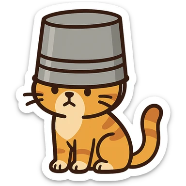 flat toon style cute cat sitting with a large bucket stuck on its head sticker