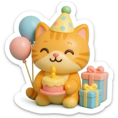 ginger tabby kitten celebrating birthday, wearing a birthday hat, with birthday cake, balloons, happy expression, and gifts sticker