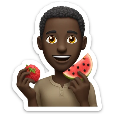 african man eating some red fruit sticker