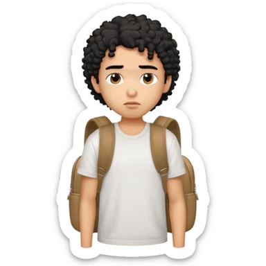 a pretty bratz guy with black curly hair wearing a white tshirt and brown backpack looking tired sticker