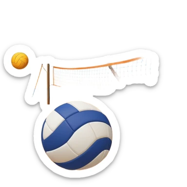 The scene captures an orange sand, sunny sea beach with clear blue sea and sky, palm trees swaying. A volleyball resting on the orange sand ground of a beach, with a volleyball net in the background.  sticker