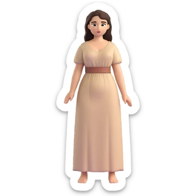 fullbody Mary Magdalene, fit and buxom body, very pretty detailed face, normal height, plain light tan dress, arms down with hands by hips, dark hair sticker