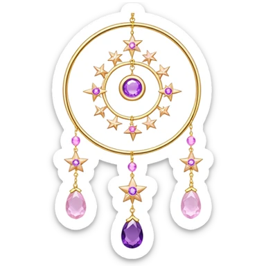 Epic Hanging gold suncatcher, threads with shiny sparkly amethyst and rose-quartz gemstones, flowers, moons, stars, gradient colors, pastel, vibrant colors sticker