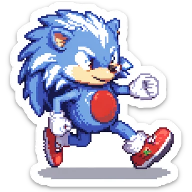 blue hedgehog with red shoes and white gloves, mid-run in a colorful Green Hill Zone with golden rings and motion lines, confident expression sticker