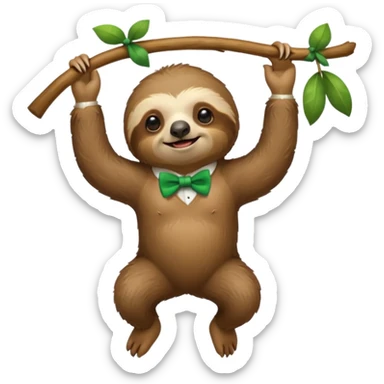 cute swinging Sloth on stick, green bow tie sticker