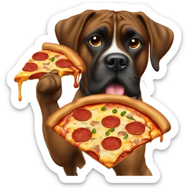 Brindle boxer eating pizza with a brown lab  sticker