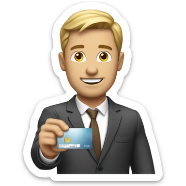 white guy in business casual look showing a credit card  sticker