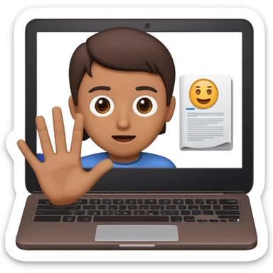 A dark-colored laptop with the screen open. From the screen, a person is emerging, giving a lecture or teaching. The person should look expressive and in a teaching pose. Soft shadows, semi-3D emoji style, clean background. video course sticker