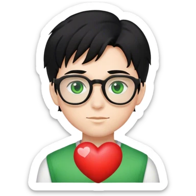 boy with black hair green eyes and glasses with a love heart  sticker