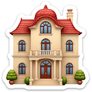Apple-style 3D emoji of a large traditional mansion, with multiple windows, a big entrance door, red tiled roof, cream-colored walls, decorative balcony details, cartoonish but elegant design, no background. sticker