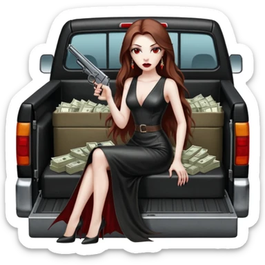 Lilith symbol red eye seductress evil long brown haired sexy succubus woman with leather long dress with slit on, sitting in Big Large F350 pickup truck. Back seat full of stacks of cash, she is  Holding a human skull of her enemies and a gun in other hand sticker