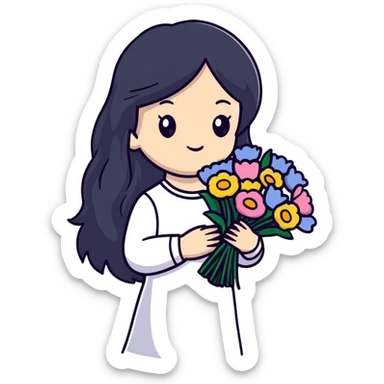 Beautiful girl with long black hair holding a bouquet of flowers sticker