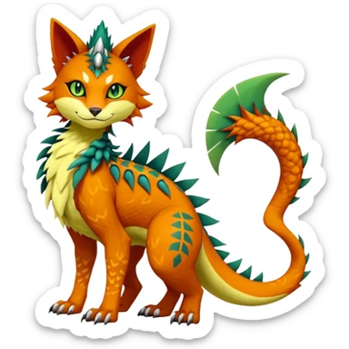Kawaii cute reddish orangish yellowish greenish exotic tribal beautiful pretty elegant divine edgy feline-vernid-sergal-Fakémon-Pokémon-Digimon-fursona-animal-creature with accessories, jewelries, full body, with intricate detailed markings, furs, fins, scales, spiny sticker