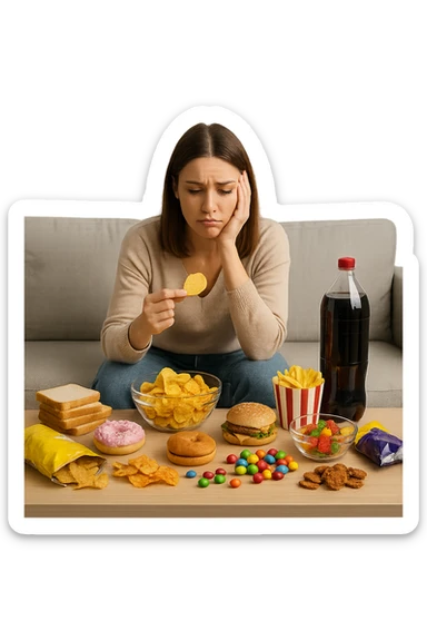 Donna tra i 25 e i 35 anni seduta sul divano o a un tavolo disordinato, circondata da cibi sparsi e poco sani: patatine, dolci, pane bianco, snack confezionati, bibite.  sticker