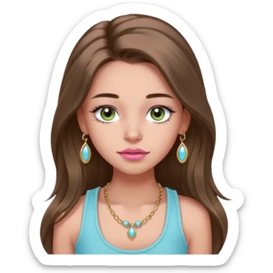 Create a teen girl wearing a light blue tank top. She will have long brunette hair, tan skin, pink lips, and grey-green eyes. She has long eyelashes. She also has light freckles and is wearing tiny gold jewelry sticker