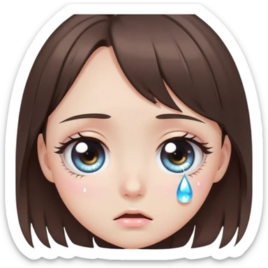 Cute anime-style crying girl eye, brunette, big round eye with a teardrop falling down, sparkly pupil, long lashes, soft pastel colors, kawaii emoji aestheti sticker