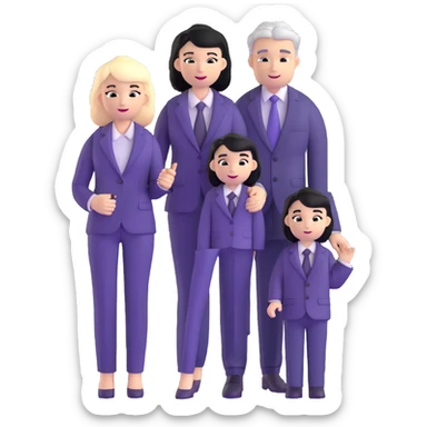 The Parr family from Incredibles in civilian clothes - Bob in business suit, Helen in casual clothes, Violet teen with black hair, Dash blonde boy, baby Jack-Jack sticker