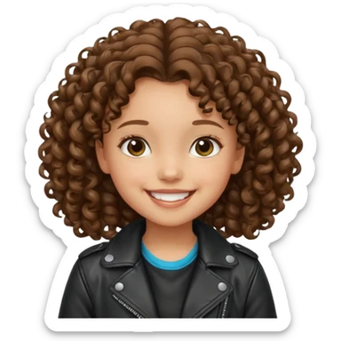 girl kid curly brown hair wear leather jacket, smile happy sticker