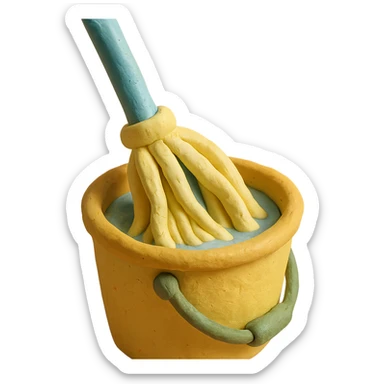 close-up of mop wringing out in a bucket, soft lighting, pastel colors, claymation style sticker