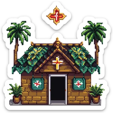 Thai hospital with traditional ornate roof, medical symbol, tropical plants sticker