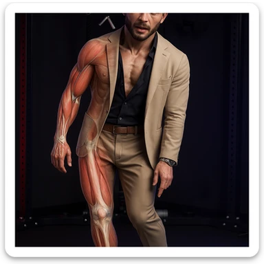 Realistic man standing in a gym, pose as in the reference, pelvis tilted, knee in valgus, and pronated foot. Visible skin and muscles, some translucent areas partially showing bones and joints involved (pelvis, knee, foot). Muscles in tension highlighted. Natural expression, clothing similar to the reference, hyperrealistic 4K details, gym environment. Variant 3. sticker