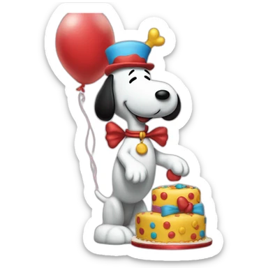 Snoopy vestido de payaso con globos y una torta sticker