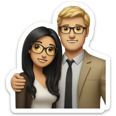 Tall white man brown hair hugging small latina long black hair square glasses sticker