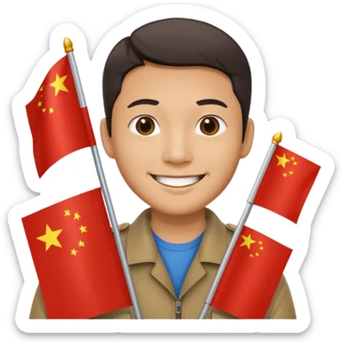 A Chinese man with a Chinese flag and a camera sticker