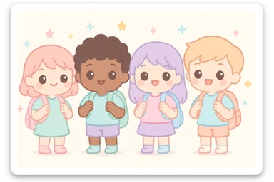 group of diverse children with backpacks, kawaii style sticker