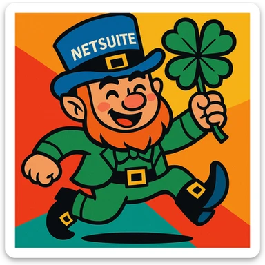 cartoon leprechaun with a blue hat that has the word 'NetSuite' on it, vibrant, playful style sticker