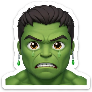 Create a man with brown eyes and dark hair in a crying Hulk costume sticker