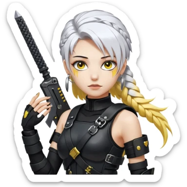  a closeup portrait of young woman with gold yellow eyes, white hair, long braid, black off-shoulder top d-cup, punk gothic style, futuristic cyberwave cyberpunk,  she has a plate carrier armor vest , and a old-style steel bulletproof combat helmet.  holding up a DAYZ combat knife sticker