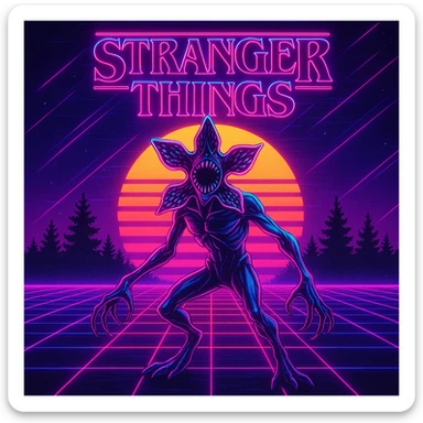Stranger Things series, 80s retro neon style, featuring the Demogorgon sticker