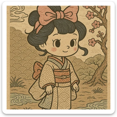 pink gothic bow, ukiyo-e style, intricate details, traditional Japanese art style sticker