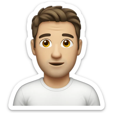 shaved white man with messy mid long dark brown hair, with a t-shirt sticker