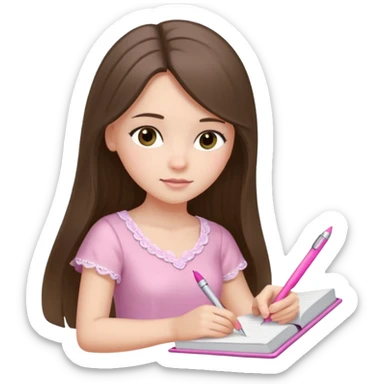 pretty white brunette teen long hair with hazel eyes in a light pink dress writing in a notebook with a pink pen sticker