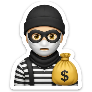 A Robber Emoji, the robber is Male, has a Black Beanie hat, has a shirt with black and white stripes, a black mask thing around his eyes, and a yellowish money bag on his hanging right shoulder, we can only see his upper body from his chest and his face he has NO face mask and looks like 🧑‍🌾 emoji sticker