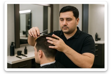 shu odamni sartaroshxonada mijozlarni sochini olayotganin  tasvirlab ber juda yosh ham katta ham bo'lmasin semiz ham bo'lib ketmasin o'smirin davrini yuzi ko'rinmasin sticker