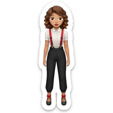 Woman with wavy brown hair and hazel eyes wearing black dress pants with red suspenders sticker