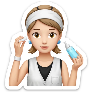 Clean girl aesthetic emoticons, apply skincare products, headband, glowing skin, white vest, soft lighting sticker