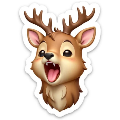 Cinematic Cute Yawning Deer Portrait Emoji, Head tilted slightly with a dramatic, wide-open yawn, revealing a soft, dappled coat and elegantly drooping ears, eyes barely open in drowsy contentment, Simplified yet irresistibly adorable features, highly detailed, glowing with a soft, cozy glow, high shine, relaxed yet expressive, stylized with a touch of natural whimsy, bright and endearing, soft glowing outline, capturing the essence of a sleepy yet affectionate deer, so drowsy it feels like it could stretch right out of the screen and curl up for a nap! sticker
